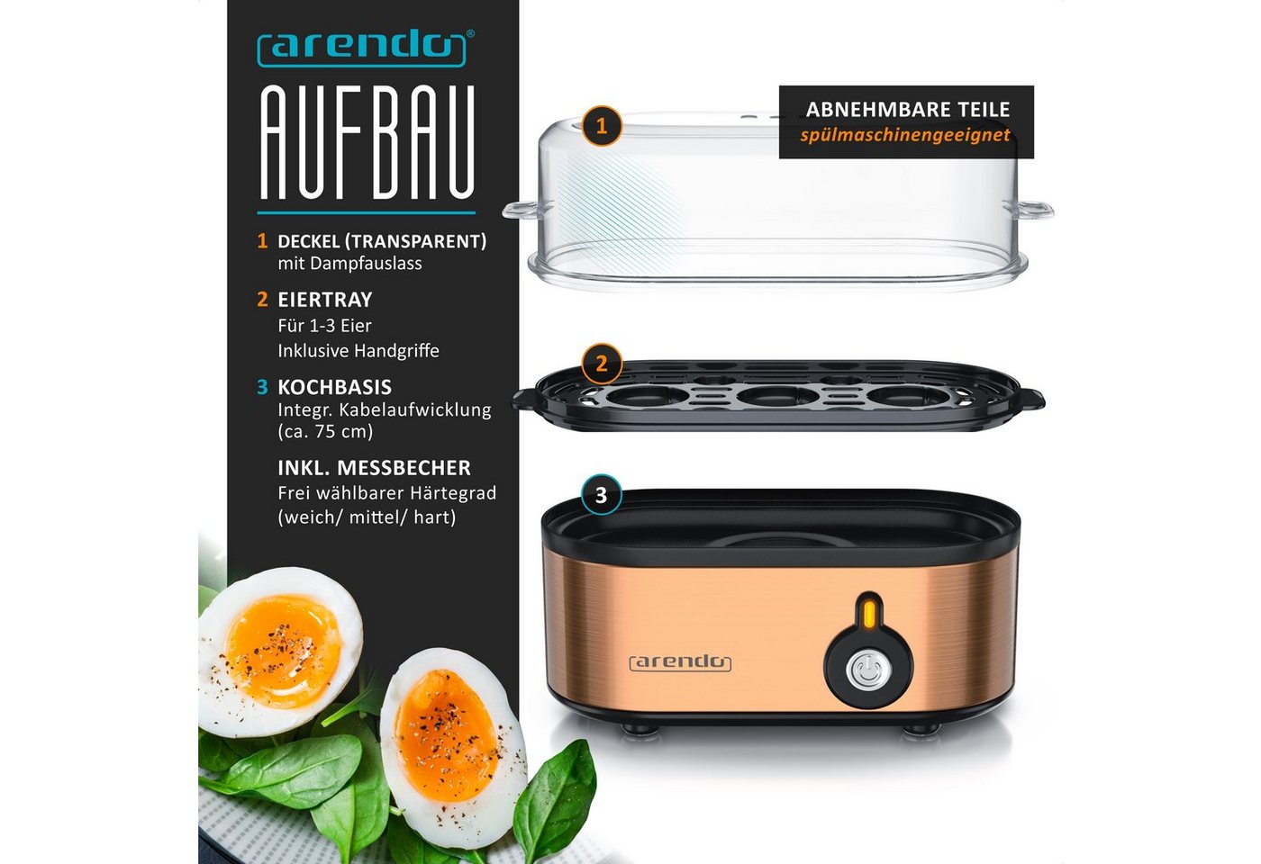 Arendo Eierkocher 3-fach, Edelstahl, Ein / Aus-Schalter, frei wählbarer Härtegrad, Anzahl Eier: 3 St., 210 W, Threecook Egg Cooker, GS, BPA-frei, für 1 bis 3 Ei – Bild 3 von 5