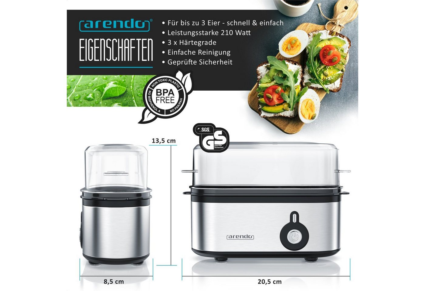 Arendo Eierkocher 3-fach, Edelstahl, Ein / Aus-Schalter, frei wählbarer Härtegrad, Anzahl Eier: 3 St., 210 W, Threecook Egg Cooker, GS, BPA-frei, für 1 bis 3 Ei – Bild 2 von 5