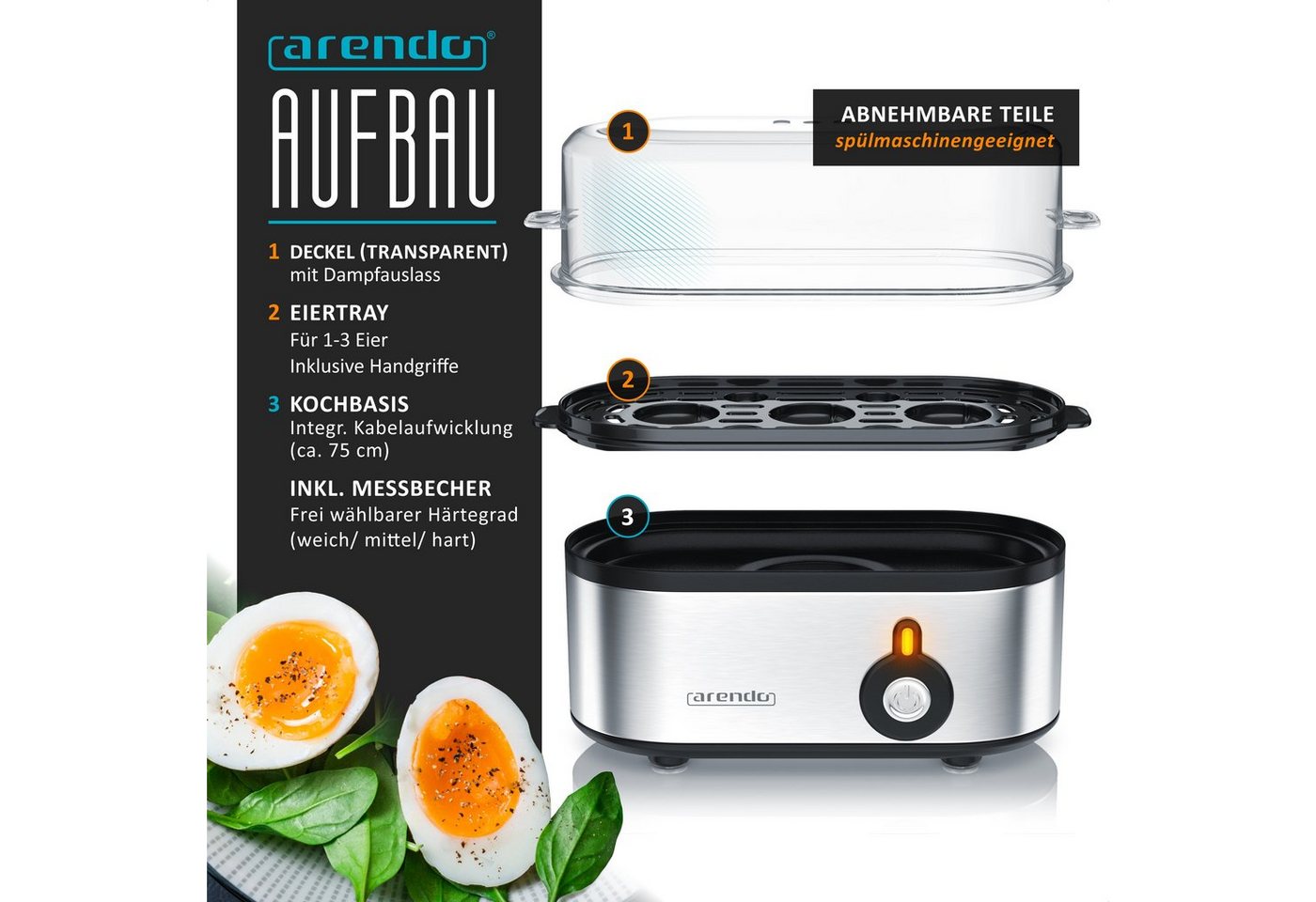 Arendo Eierkocher 3-fach, Edelstahl, Ein / Aus-Schalter, frei wählbarer Härtegrad, Anzahl Eier: 3 St., 210 W, Threecook Egg Cooker, GS, BPA-frei, für 1 bis 3 Ei – Bild 3 von 5