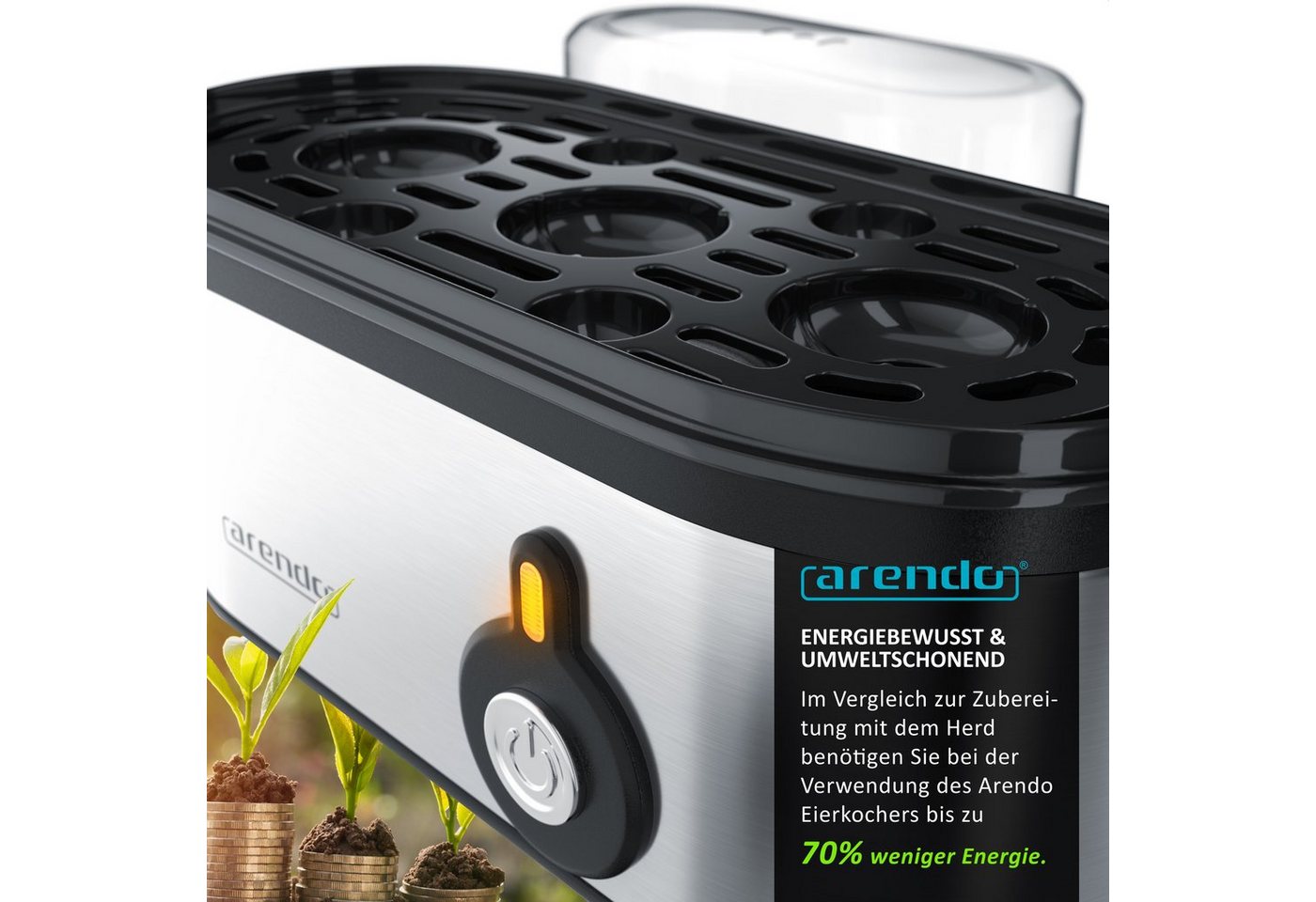 Arendo Eierkocher 3-fach, Edelstahl, Ein / Aus-Schalter, frei wählbarer Härtegrad, Anzahl Eier: 3 St., 210 W, Threecook Egg Cooker, GS, BPA-frei, für 1 bis 3 Ei – Bild 4 von 5