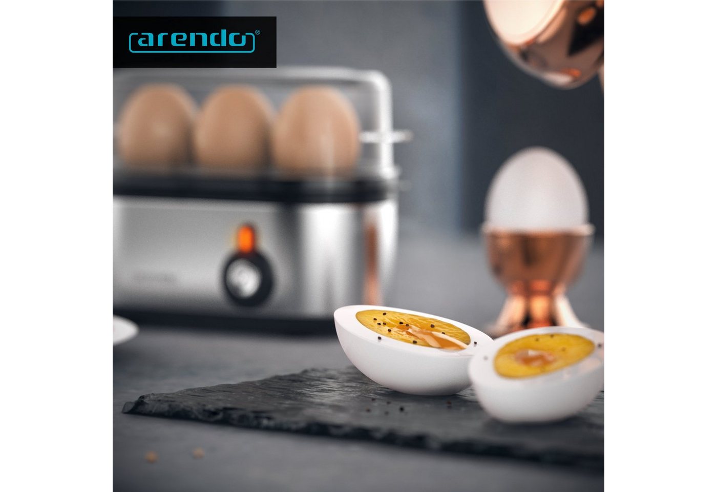 Arendo Eierkocher 3-fach, Edelstahl, Ein / Aus-Schalter, frei wählbarer Härtegrad, Anzahl Eier: 3 St., 210 W, Threecook Egg Cooker, GS, BPA-frei, für 1 bis 3 Ei – Bild 5 von 5