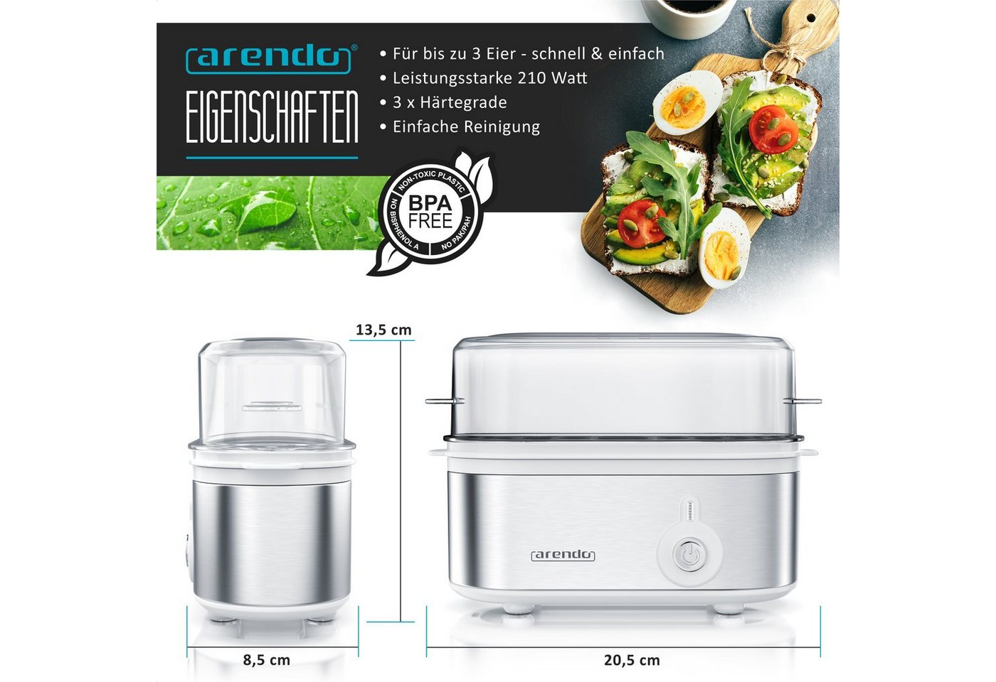 Arendo Eierkocher 3-fach, Edelstahl, Ein / Aus-Schalter, frei wählbarer Härtegrad, Anzahl Eier: 3 St., 210 W, Threecook Egg Cooker, GS, BPA-frei, für 1 bis 3 Ei – Bild 2 von 5
