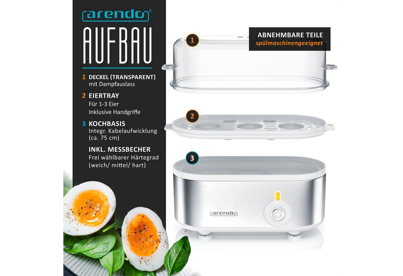 Arendo Eierkocher 3-fach, Edelstahl, Ein / Aus-Schalter, frei wählbarer Härtegrad, Anzahl Eier: 3 St., 210 W, Threecook Egg Cooker, GS, BPA-frei, für 1 bis 3 Ei – Bild 3 von 5