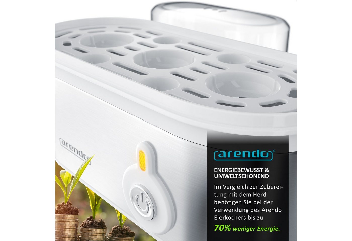Arendo Eierkocher 3-fach, Edelstahl, Ein / Aus-Schalter, frei wählbarer Härtegrad, Anzahl Eier: 3 St., 210 W, Threecook Egg Cooker, GS, BPA-frei, für 1 bis 3 Ei – Bild 4 von 5