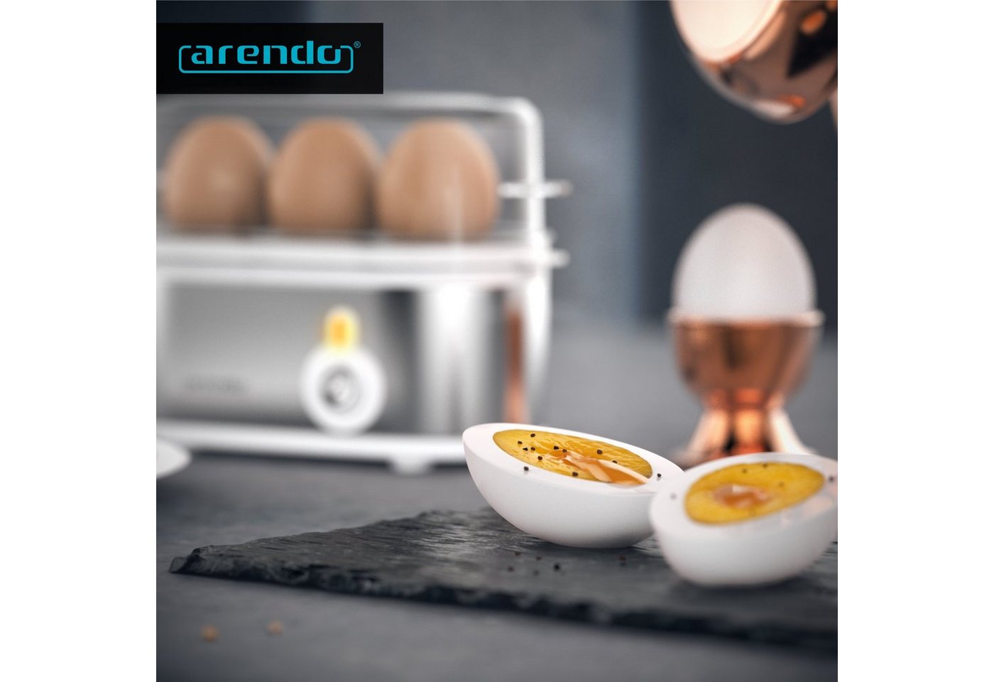 Arendo Eierkocher 3-fach, Edelstahl, Ein / Aus-Schalter, frei wählbarer Härtegrad, Anzahl Eier: 3 St., 210 W, Threecook Egg Cooker, GS, BPA-frei, für 1 bis 3 Ei – Bild 5 von 5