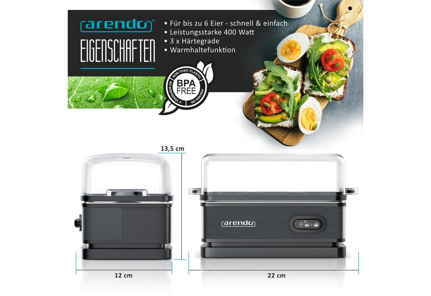 Arendo Eierkocher 6-fach, Edelstahl, mit Warmhaltefunktion, frei wählbarer Härtegrad, Anzahl Eier: 6 St., 400 W, Kipp-Funktionsschalter mit Indikationsleuchte,  – Bild 2 von 5