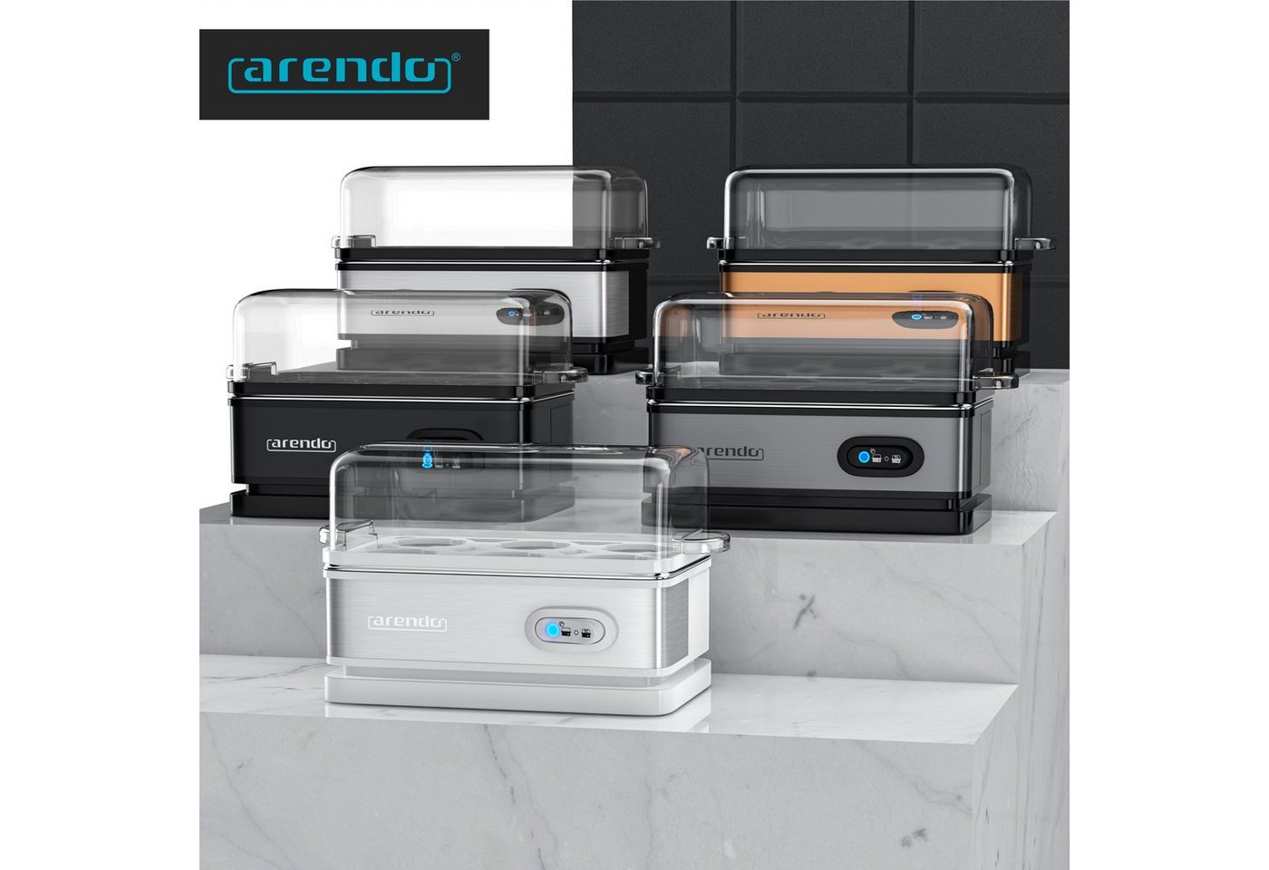 Arendo Eierkocher 6-fach, Edelstahl, mit Warmhaltefunktion, frei wählbarer Härtegrad, Anzahl Eier: 6 St., 400 W, Kipp-Funktionsschalter mit Indikationsleuchte,  – Bild 5 von 5