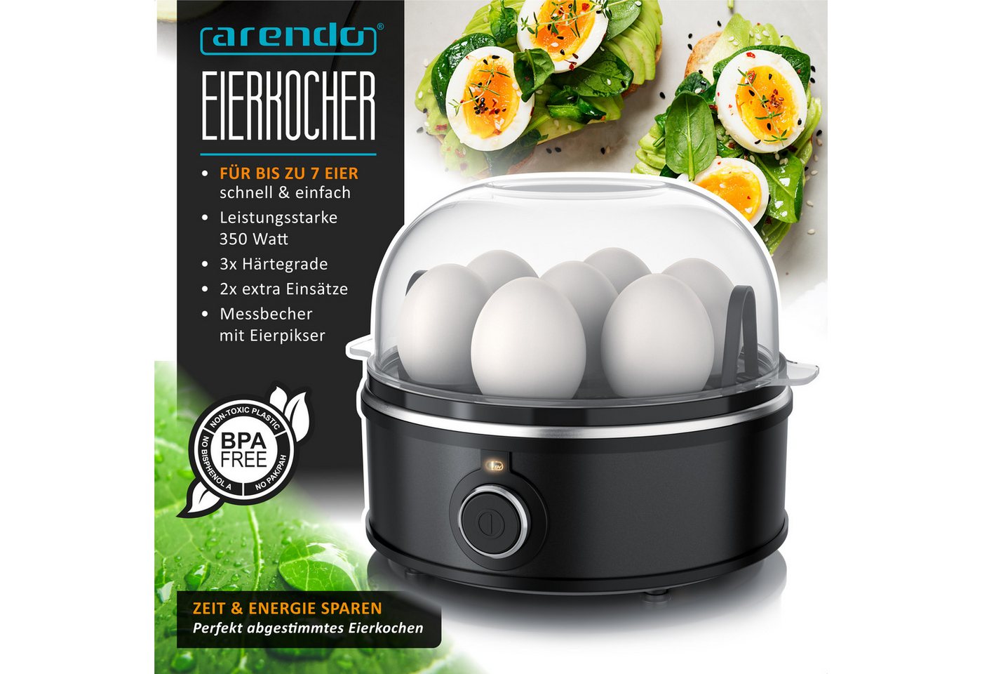 Arendo Eierkocher 7-Fach, Edelstahl, mit Warmhaltefunktion, 3 Härtegrade, für 1–7 Eier, Anzahl Eier: 7 St., 350 W, mit Einsatz für Eier, pochierte Eier & Omelet – Bild 2 von 5