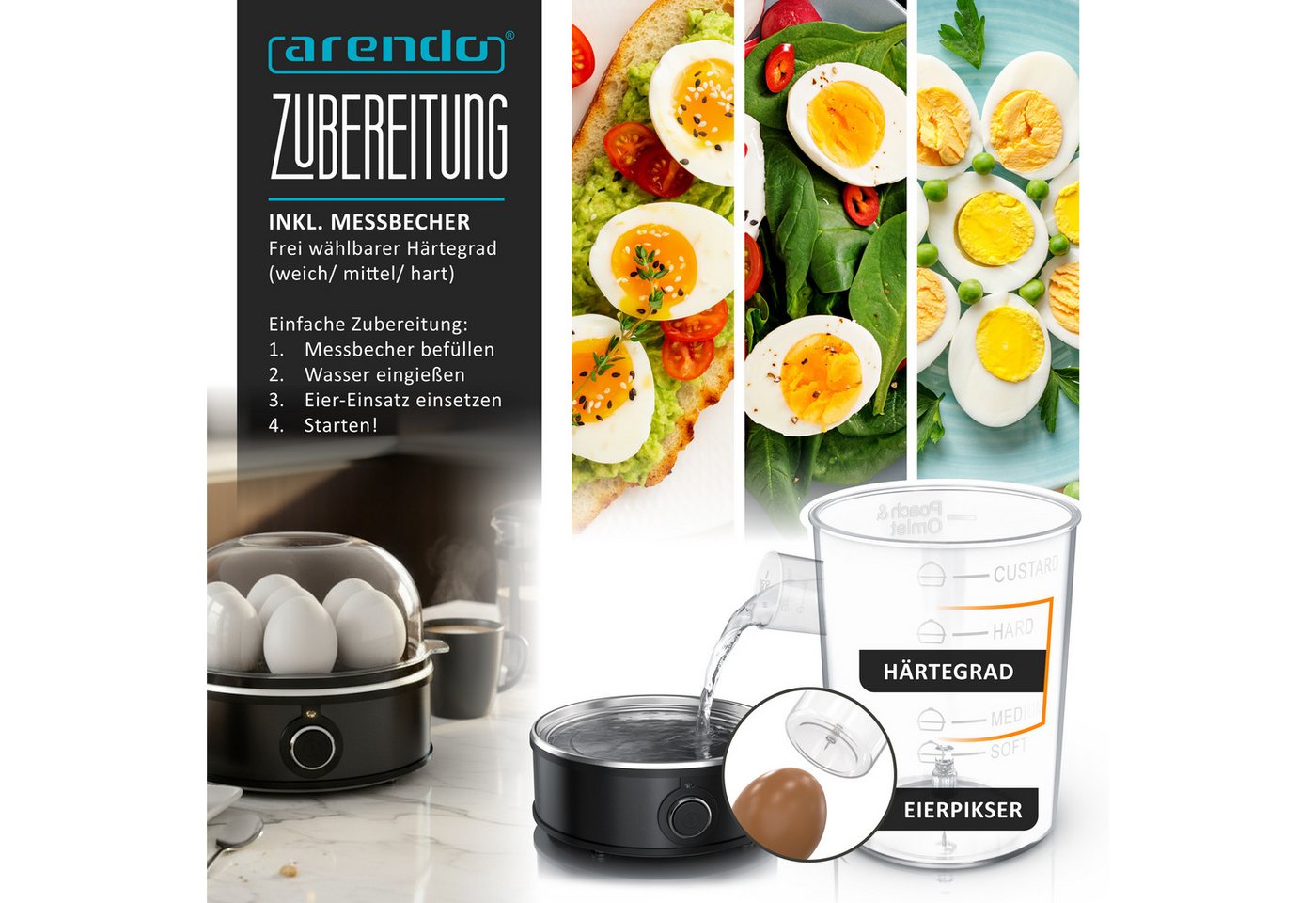 Arendo Eierkocher 7-Fach, Edelstahl, mit Warmhaltefunktion, 3 Härtegrade, für 1–7 Eier, Anzahl Eier: 7 St., 350 W, mit Einsatz für Eier, pochierte Eier & Omelet – Bild 4 von 5