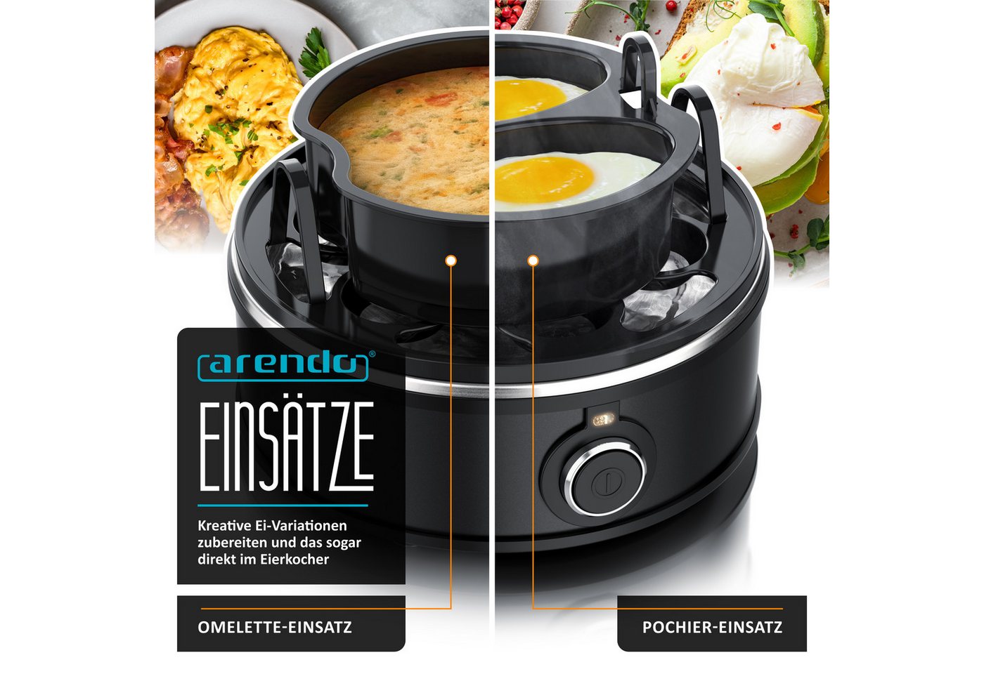 Arendo Eierkocher 7-Fach, Edelstahl, mit Warmhaltefunktion, 3 Härtegrade, für 1–7 Eier, Anzahl Eier: 7 St., 350 W, mit Einsatz für Eier, pochierte Eier & Omelet – Bild 5 von 5