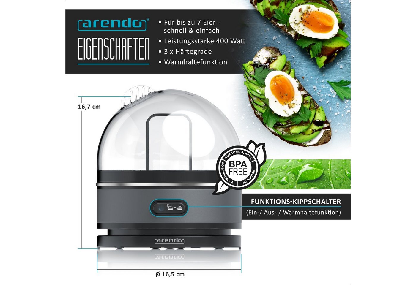 Arendo Eierkocher 7-fach, Edelstahl, frei wählbarer Härtegrad, mit Warmhaltefunktion, Anzahl Eier: 7 St., 400 W, für 1 - 7 Eier, 3 Härtegrade wählbar, Signalton – Bild 2 von 5