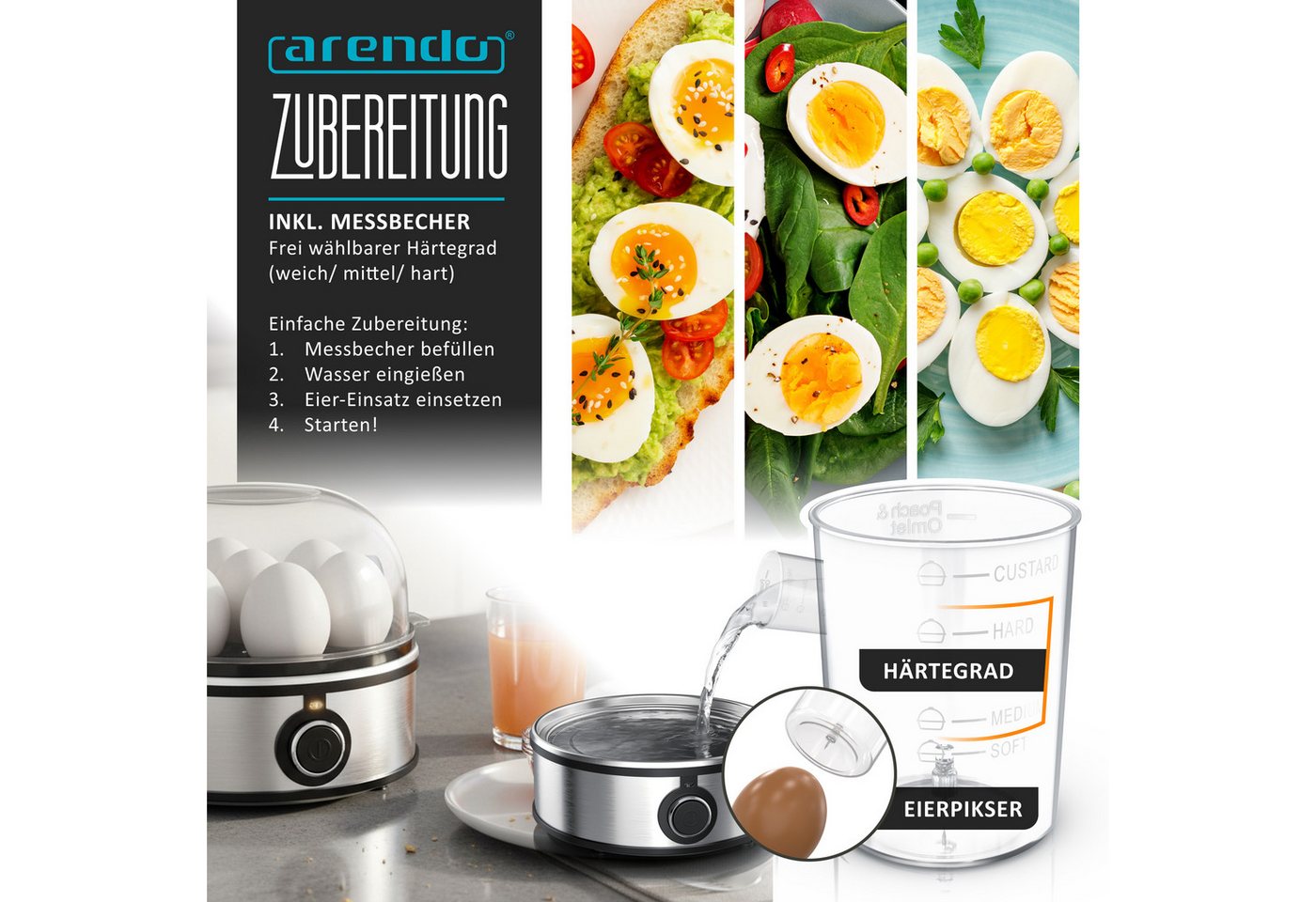 Arendo Eierkocher für 1–7 Eier, Edelstahl, 3 Härtegrade, mit Warmhaltefunktion, 7-Fach, Anzahl Eier: 7 St., 350 W, mit Einsatz für Eier, pochierte Eier & Omelet – Bild 4 von 5