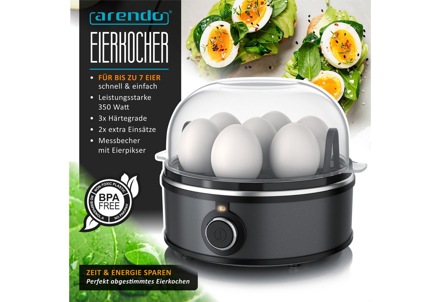 Arendo Eierkocher für 1–7 Eier, Edelstahl, 3 Härtegrade, mit Warmhaltefunktion, 7-Fach, Anzahl Eier: 7 St., 350 W, mit Einsatz für Eier, pochierte Eier & Omelet – Bild 2 von 5