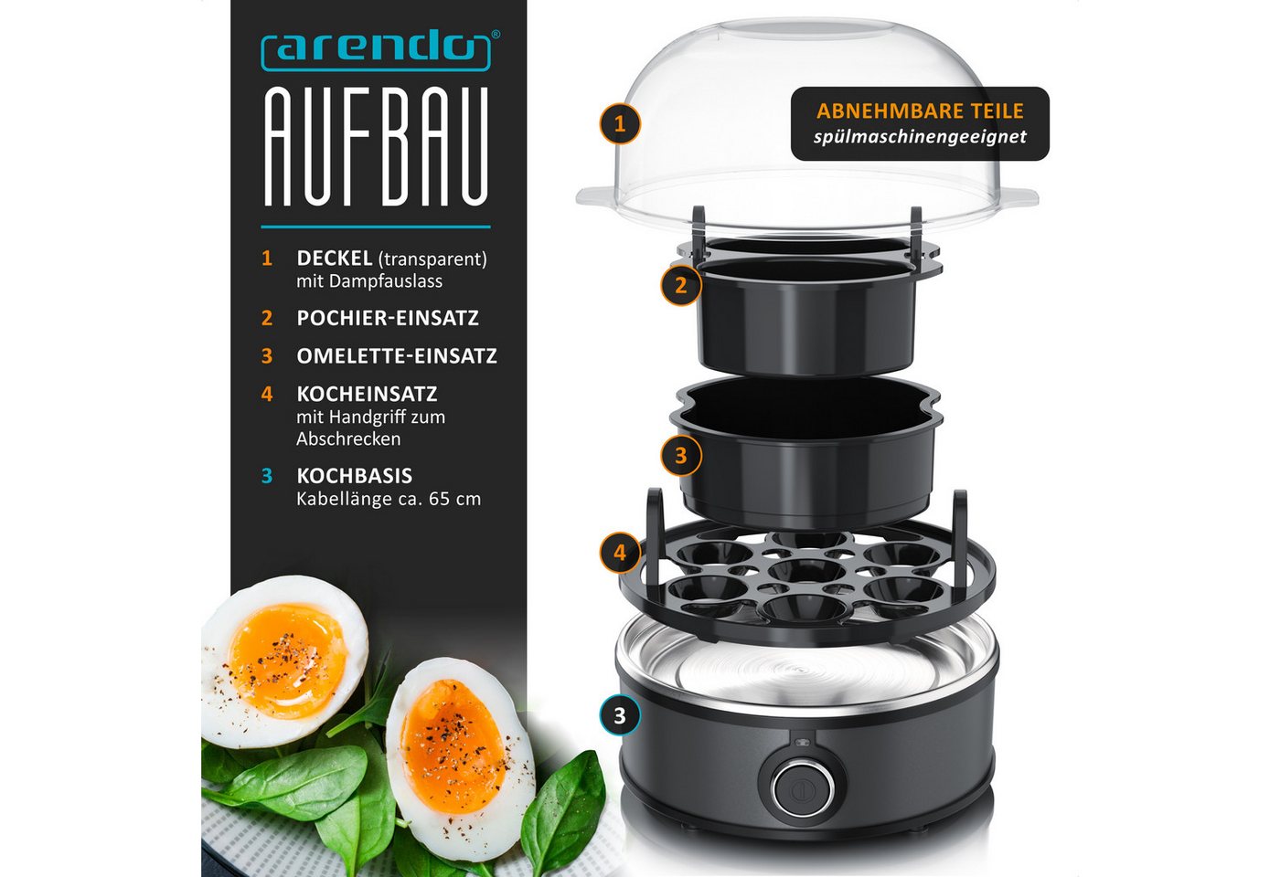 Arendo Eierkocher für 1–7 Eier, Edelstahl, 3 Härtegrade, mit Warmhaltefunktion, 7-Fach, Anzahl Eier: 7 St., 350 W, mit Einsatz für Eier, pochierte Eier & Omelet – Bild 3 von 5