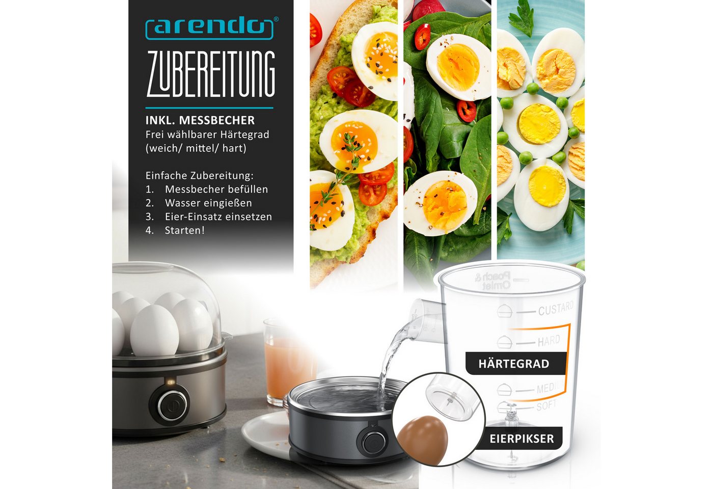 Arendo Eierkocher für 1–7 Eier, Edelstahl, 3 Härtegrade, mit Warmhaltefunktion, 7-Fach, Anzahl Eier: 7 St., 350 W, mit Einsatz für Eier, pochierte Eier & Omelet – Bild 4 von 5