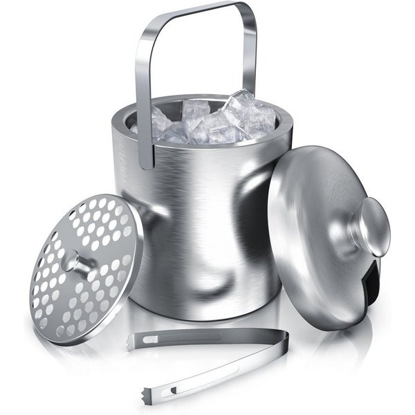 Arendo Eiseimer Edelstahl Eiswürfelbehälter mit Deckel, 1,3L, Eiseimer doppelwandig, Eiswürfelkühler, Eiskübel, mit Zange, Abtropffilter, Deckel, BPA frei