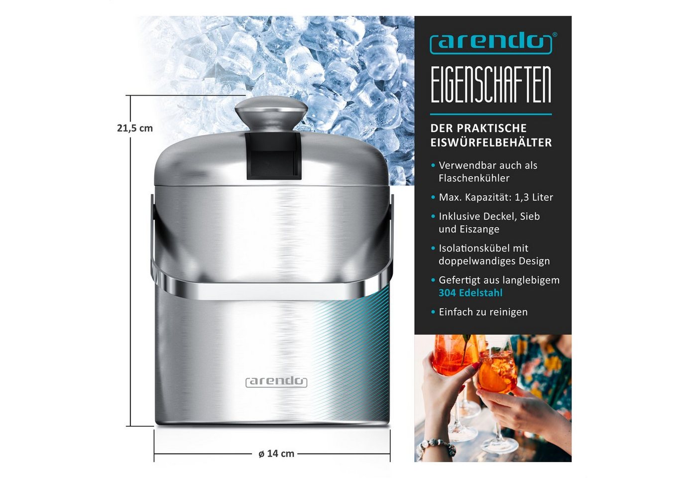Arendo Eiseimer Edelstahl Eiswürfelbehälter mit Deckel, 1,3L, Eiseimer doppelwandig, Eiswürfelkühler, Eiskübel, mit Zange, Abtropffilter, Deckel, BPA frei – Bild 2 von 5