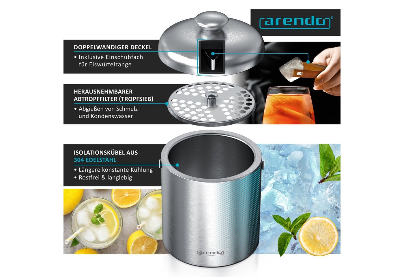 Arendo Eiseimer Edelstahl Eiswürfelbehälter mit Deckel, 1,3L, Eiseimer doppelwandig, Eiswürfelkühler, Eiskübel, mit Zange, Abtropffilter, Deckel, BPA frei – Bild 3 von 5