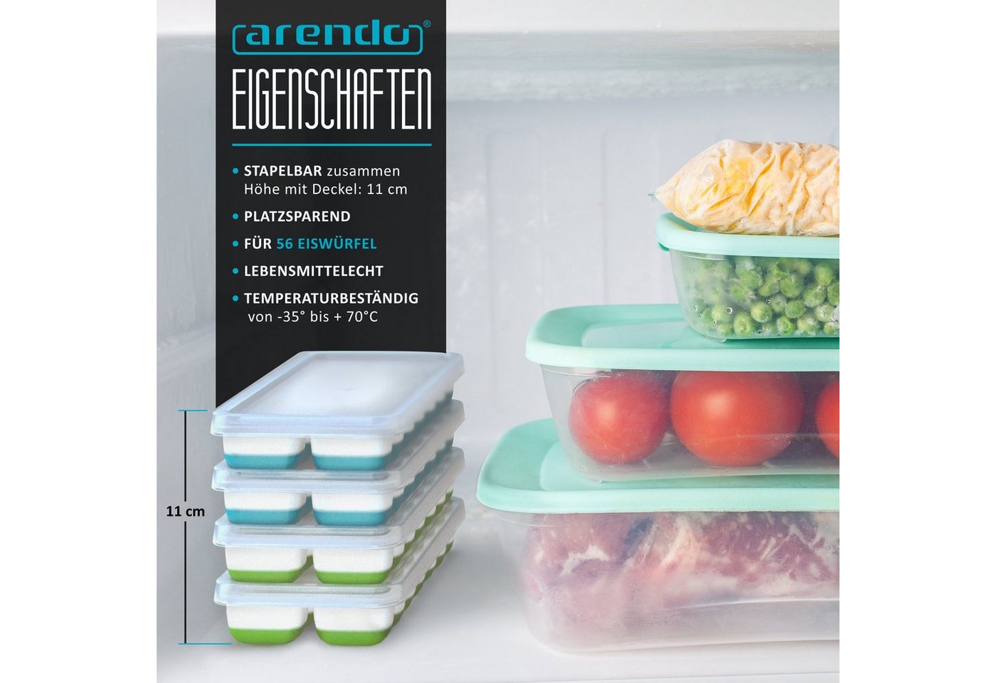 Arendo Eiswürfelform 4er Pack Silikon 250ml, 14 Eiswürfel, spülmaschinengeeignet, stapelbar, (4-tlg), 14 Fächer, 4 x Eiswürfelformen mit Deckel, BPA-frei – Bild 3 von 5