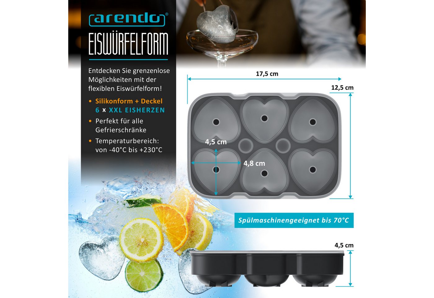 Arendo Eiswürfelform 6x Herzform sechsfach, temperaturbeständig, bis -40°C, mit Deckel, (1-tlg), leicht zu lösen, für Cocktails, Obstsaft, Whisky, Silikon, BPA- – Bild 2 von 5