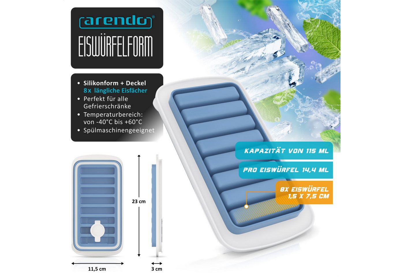 Arendo Eiswürfelform Silikon 115ml, 8 Eiswürfel, spülmaschinengeeignet, stapelbar, (1-tlg), Länglich, Deckel mit Einfüllöffnung, leichtes Herauslösen, BPA-frei – Bild 2 von 5
