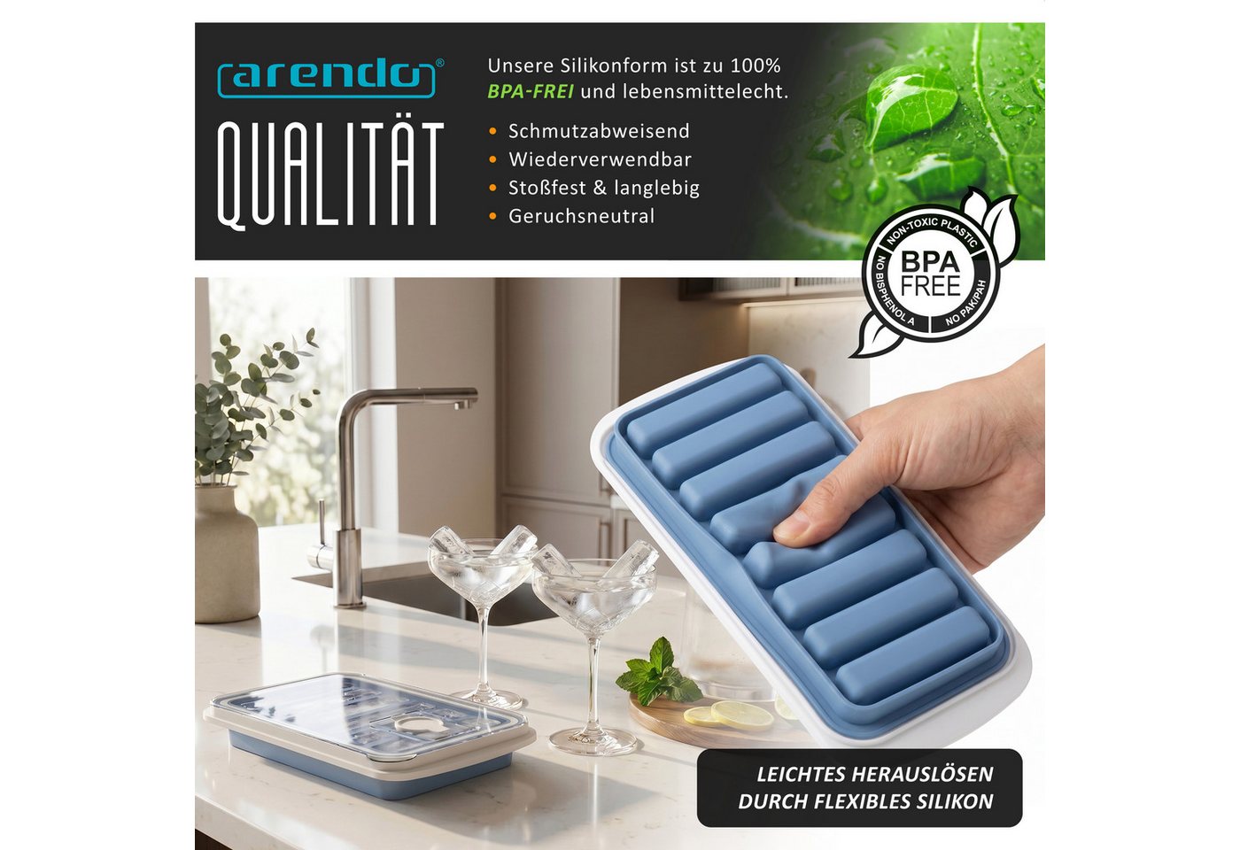 Arendo Eiswürfelform Silikon 115ml, 8 Eiswürfel, spülmaschinengeeignet, stapelbar, (1-tlg), Länglich, Deckel mit Einfüllöffnung, leichtes Herauslösen, BPA-frei – Bild 4 von 5