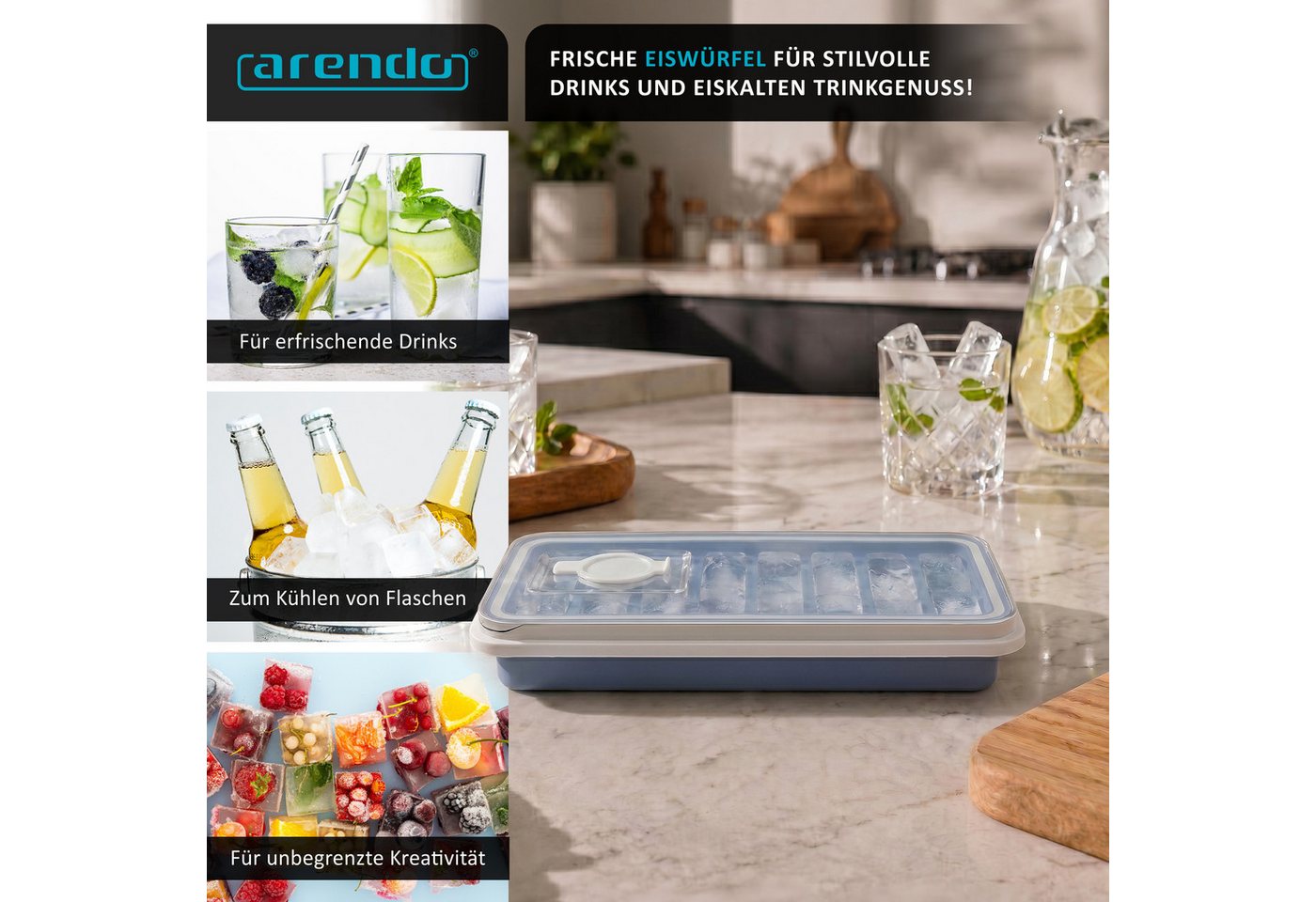 Arendo Eiswürfelform Silikon 115ml, 8 Eiswürfel, spülmaschinengeeignet, stapelbar, (1-tlg), Länglich, Deckel mit Einfüllöffnung, leichtes Herauslösen, BPA-frei – Bild 5 von 5
