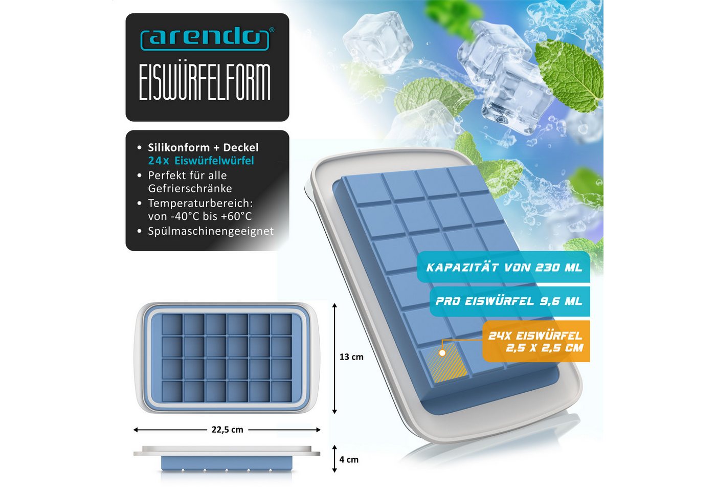 Arendo Eiswürfelform Silikon 230ml, 24 Eiswürfel, spülmaschinengeeignet, stapelbar, (1-tlg), quadratisch, 24 Fächer, Deckel mit Einfüllöffnung, BPA-frei – Bild 2 von 5