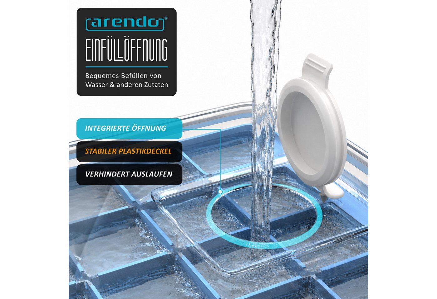 Arendo Eiswürfelform Silikon 230ml, 24 Eiswürfel, spülmaschinengeeignet, stapelbar, (1-tlg), quadratisch, 24 Fächer, Deckel mit Einfüllöffnung, BPA-frei – Bild 3 von 5