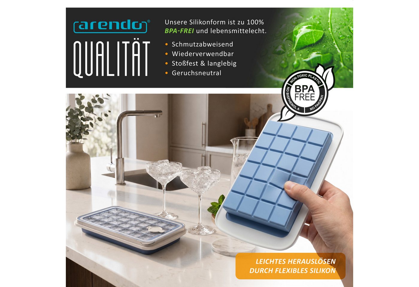 Arendo Eiswürfelform Silikon 230ml, 24 Eiswürfel, spülmaschinengeeignet, stapelbar, (1-tlg), quadratisch, 24 Fächer, Deckel mit Einfüllöffnung, BPA-frei – Bild 4 von 5