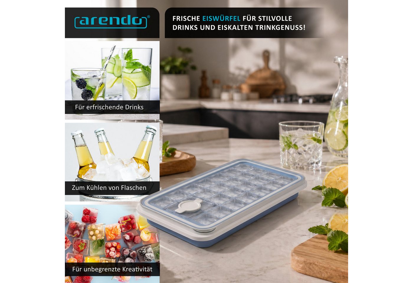 Arendo Eiswürfelform Silikon 230ml, 24 Eiswürfel, spülmaschinengeeignet, stapelbar, (1-tlg), quadratisch, 24 Fächer, Deckel mit Einfüllöffnung, BPA-frei – Bild 5 von 5