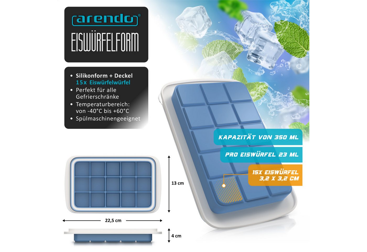 Arendo Eiswürfelform Silikon 350ml, 15 Eiswürfel, spülmaschinengeeignet, stapelbar, (1-tlg), quadratisch, Deckel, Einfüllöffnung, leichtes Herauslösen, BPA-frei – Bild 2 von 5