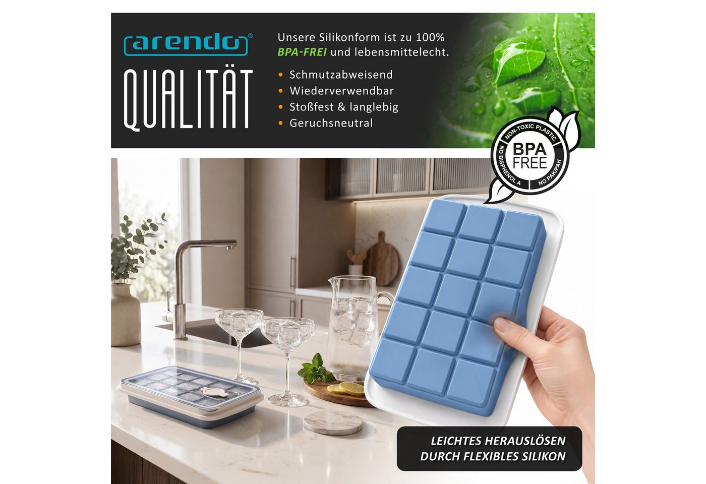 Arendo Eiswürfelform Silikon 350ml, 15 Eiswürfel, spülmaschinengeeignet, stapelbar, (1-tlg), quadratisch, Deckel, Einfüllöffnung, leichtes Herauslösen, BPA-frei – Bild 3 von 5