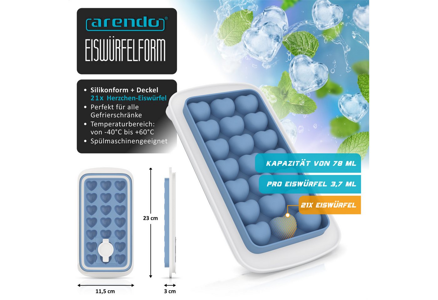 Arendo Eiswürfelform Silikon 78ml, 21 Eiswürfel, spülmaschinengeeignet, stapelbar, (1-tlg), Herzform, Deckel mit Einfüllöffnung, leichtes Herauslösen, BPA-frei – Bild 2 von 5