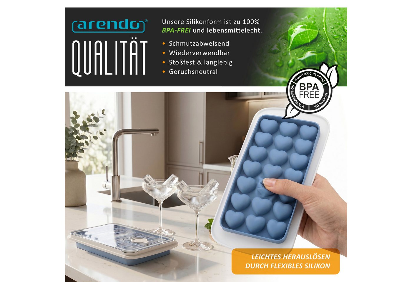 Arendo Eiswürfelform Silikon 78ml, 21 Eiswürfel, spülmaschinengeeignet, stapelbar, (1-tlg), Herzform, Deckel mit Einfüllöffnung, leichtes Herauslösen, BPA-frei – Bild 4 von 5
