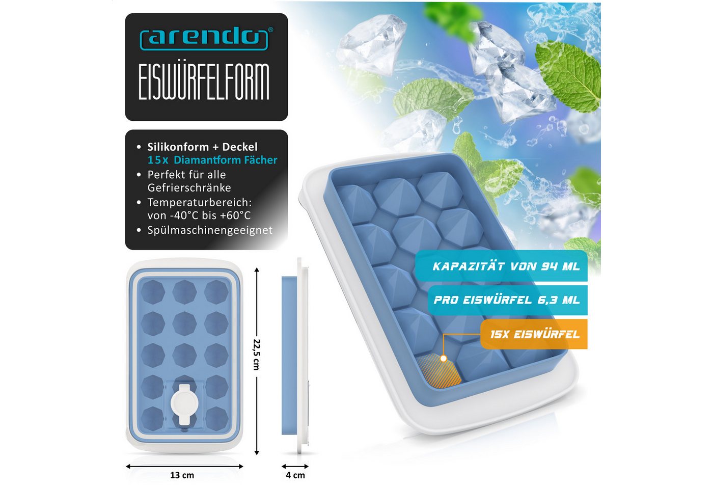 Arendo Eiswürfelform Silikon 94ml, 15 Eiswürfel, spülmaschinengeeignet, stapelbar, (1-tlg), diamantförmig, Deckel, Einfüllöffnung, leichtes Herauslösen, BPA-fre – Bild 2 von 5