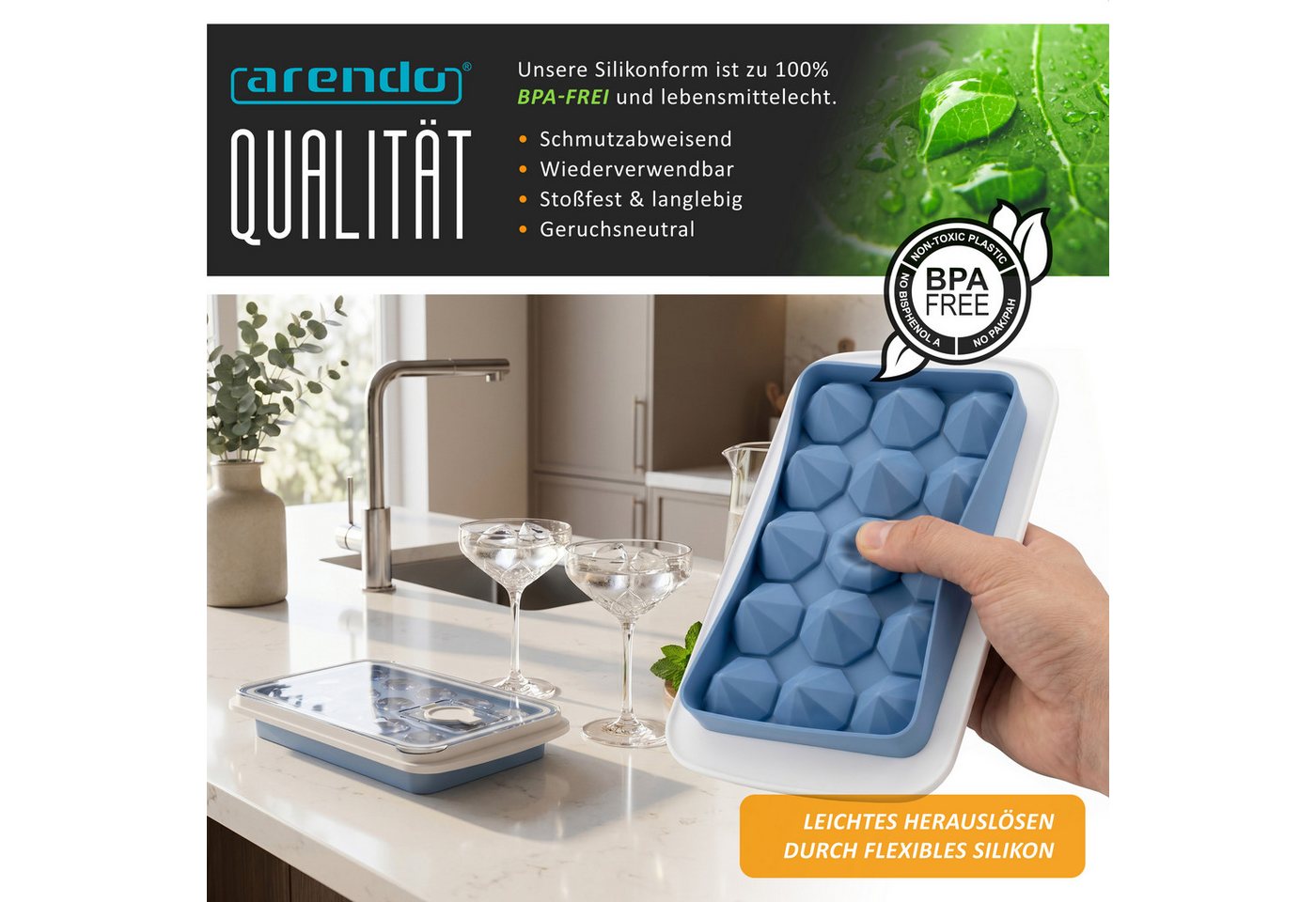 Arendo Eiswürfelform Silikon 94ml, 15 Eiswürfel, spülmaschinengeeignet, stapelbar, (1-tlg), diamantförmig, Deckel, Einfüllöffnung, leichtes Herauslösen, BPA-fre – Bild 4 von 5