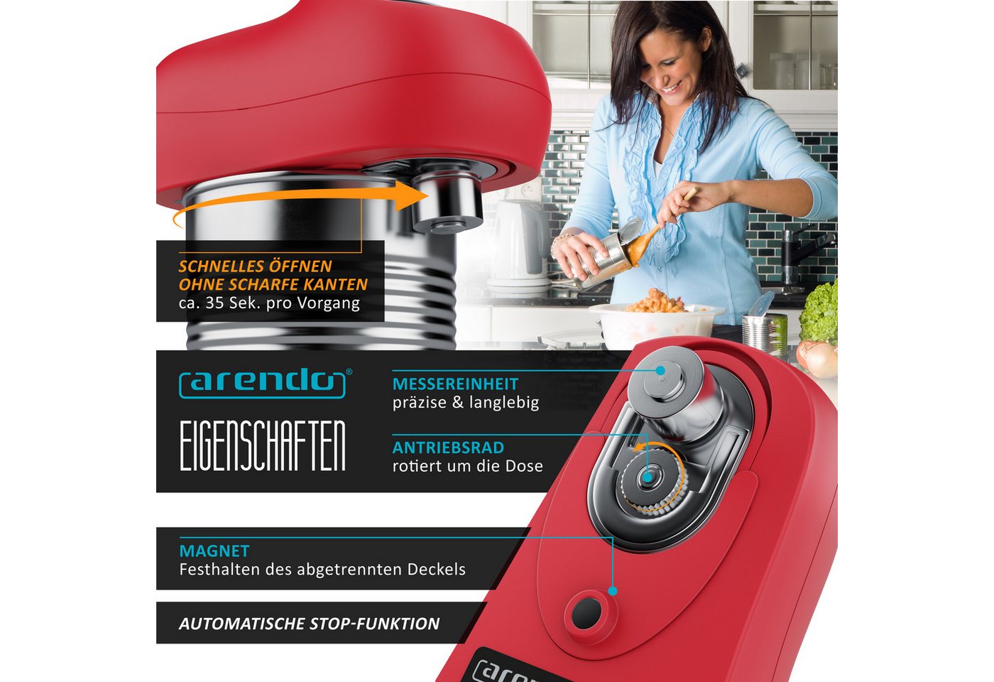 Arendo Elektrischer Dosenöffner Deckelöffner, Büchsenöffner für alle Dosengrößen, Öffnung ohne scharfe Kanten, automatische 360° Drehung, Automatikstopp – Bild 3 von 5