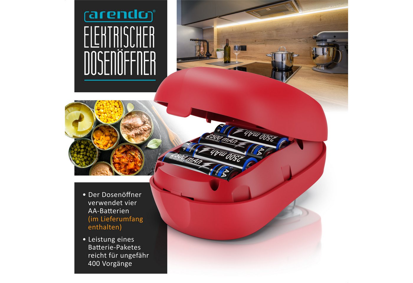 Arendo Elektrischer Dosenöffner Deckelöffner, Büchsenöffner für alle Dosengrößen, Öffnung ohne scharfe Kanten, automatische 360° Drehung, Automatikstopp – Bild 5 von 5