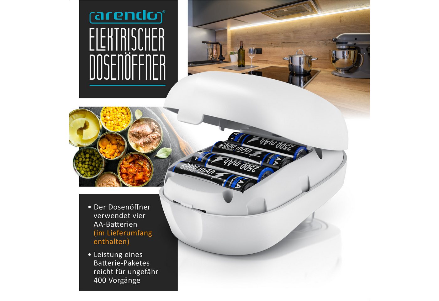 Arendo Elektrischer Dosenöffner Deckelöffner, Büchsenöffner für alle Dosengrößen, automatische 360° Drehung, Automatikstopp, Öffnung ohne scharfe Kanten – Bild 3 von 5