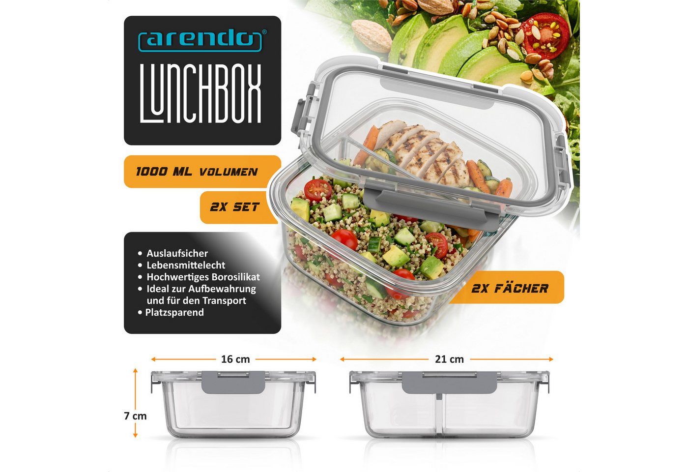 Arendo Frischhaltedose 2 Fächer, Deckel, 2er Set Glas Vorratsdosen, Lunchboxen, auslaufsicher, Borosilikatglas, (Set, 2-tlg., mit 2 Fächern), Vorratsgläser, Mik – Bild 2 von 5