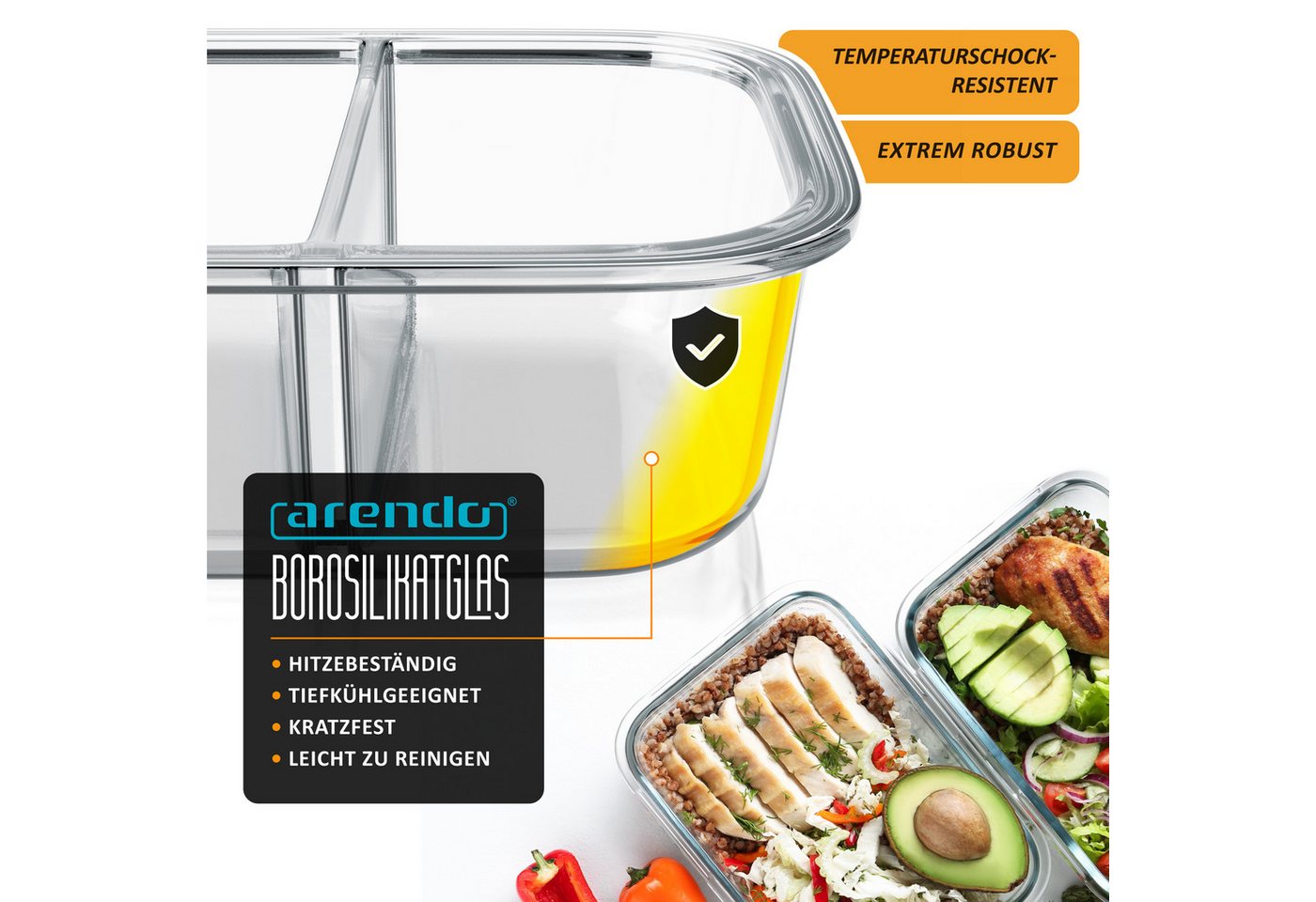 Arendo Frischhaltedose 2 Fächer, Deckel, 2er Set Glas Vorratsdosen, Lunchboxen, auslaufsicher, Borosilikatglas, (Set, 2-tlg., mit 2 Fächern), Vorratsgläser, Mik – Bild 4 von 5