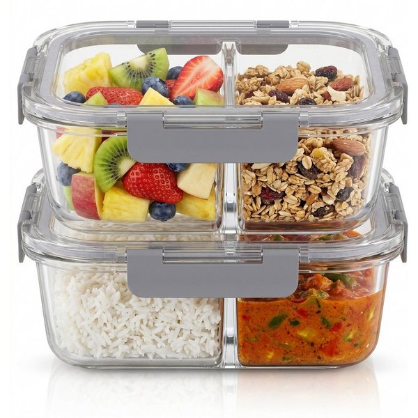 Arendo Frischhaltedose 2er Set Glas Vorratsdosen, 2 Fächer, Lunchboxen, auslaufsicher, Deckel, Borosilikatglas, (Set, 2-tlg., mit 2 Fächern), luftdicht, Mikrowe