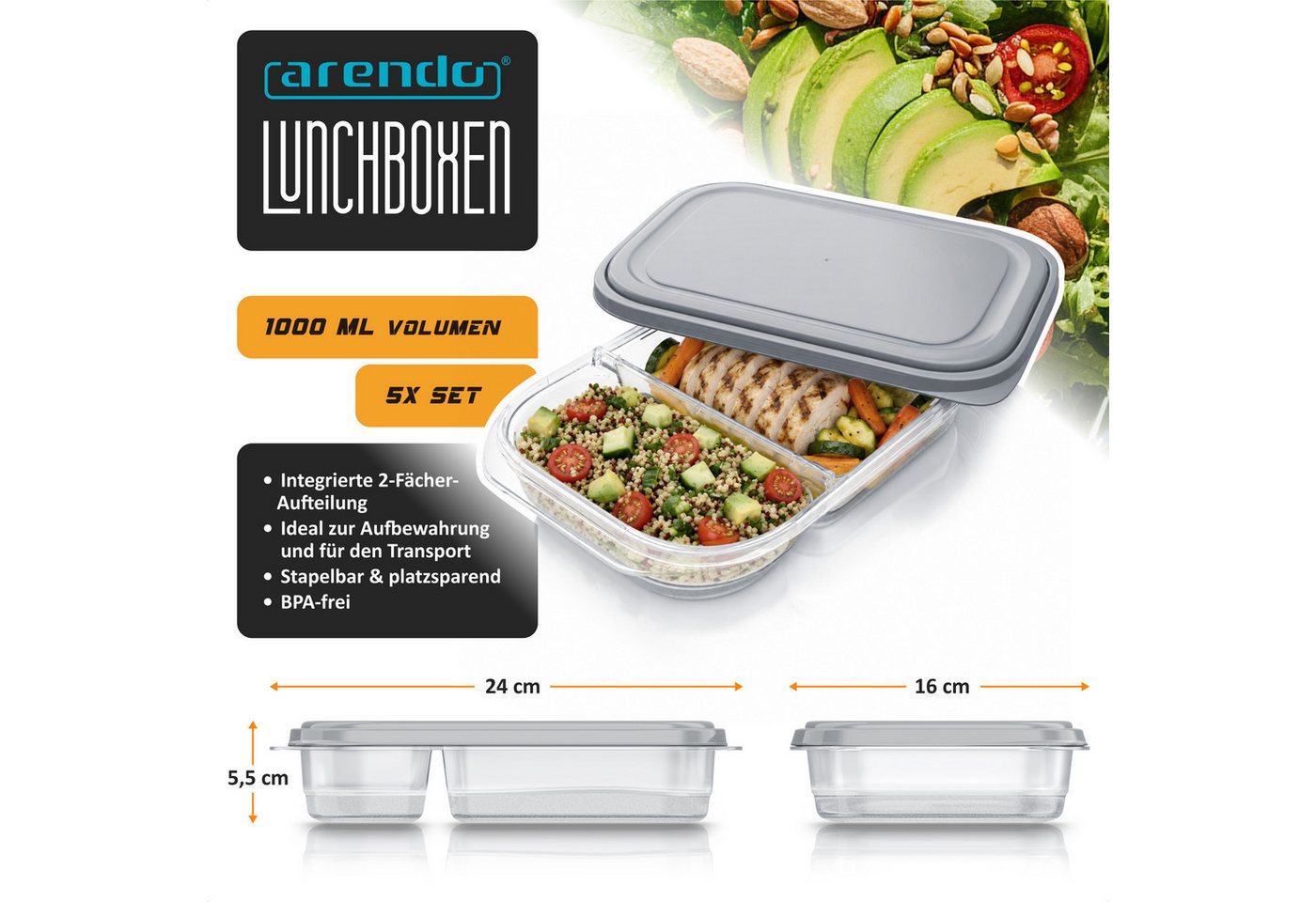 Arendo Frischhaltedose 5er Set mit Deckel & 2 Fächern, Vorratsdose, Lunchboxen, auslaufsicher, Kunststoff, (Set, 5-tlg., 1 L pro Dose (0,7 L + 0,3L), stapelbar, – Bild 2 von 5