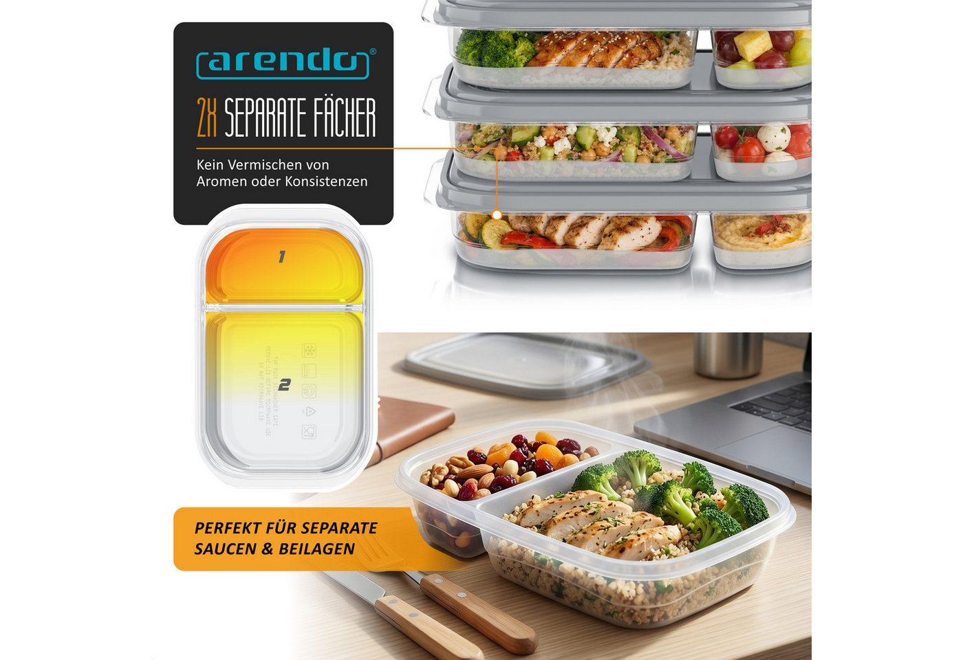 Arendo Frischhaltedose 5er Set mit Deckel & 2 Fächern, Vorratsdose, Lunchboxen, auslaufsicher, Kunststoff, (Set, 5-tlg., 1 L pro Dose (0,7 L + 0,3L), stapelbar, – Bild 3 von 5