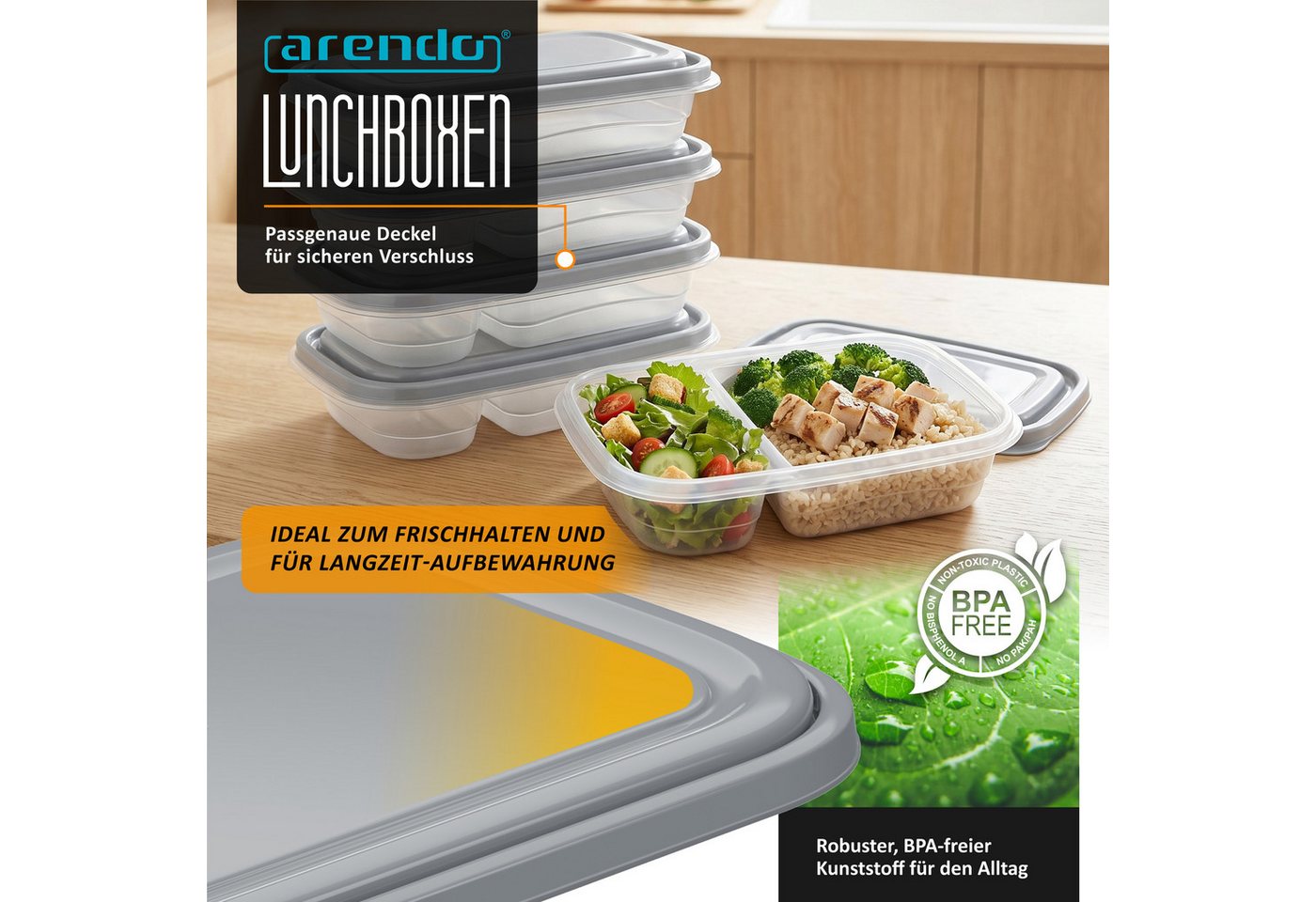 Arendo Frischhaltedose 5er Set mit Deckel & 2 Fächern, Vorratsdose, Lunchboxen, auslaufsicher, Kunststoff, (Set, 5-tlg., 1 L pro Dose (0,7 L + 0,3L), stapelbar, – Bild 4 von 5