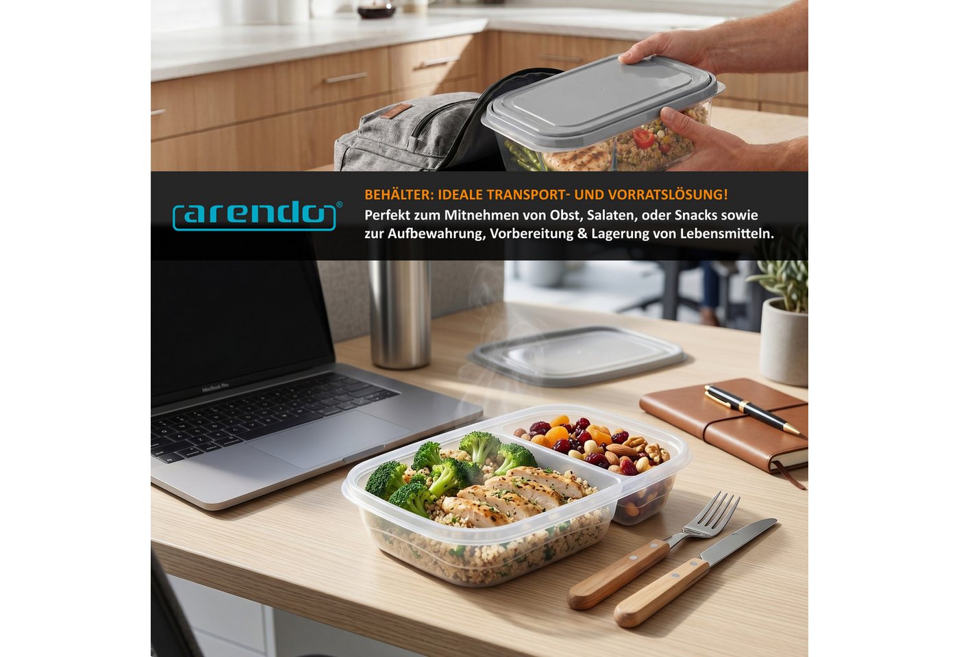 Arendo Frischhaltedose 5er Set mit Deckel & 2 Fächern, Vorratsdose, Lunchboxen, auslaufsicher, Kunststoff, (Set, 5-tlg., 1 L pro Dose (0,7 L + 0,3L), stapelbar, – Bild 5 von 5