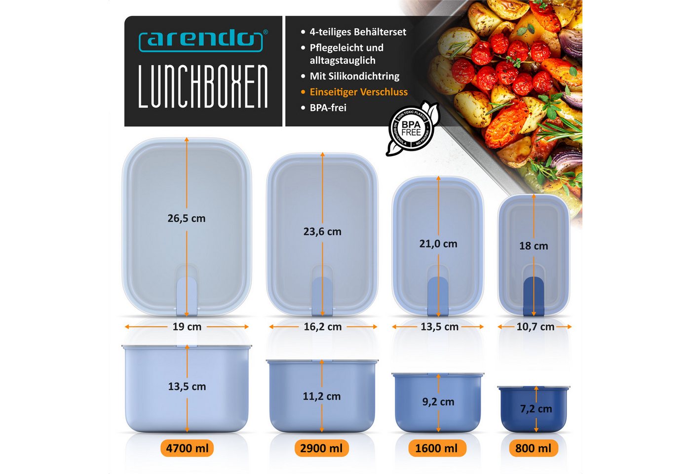 Arendo Frischhaltedose mit Deckel 4er Set, Vorratsdosen, Lunchboxen, auslaufsicher, stapelbar, Polypropylen (PP), (Set, 4-tlg., 4700 ml, Dosen mit Deckel, 1600  – Bild 2 von 5