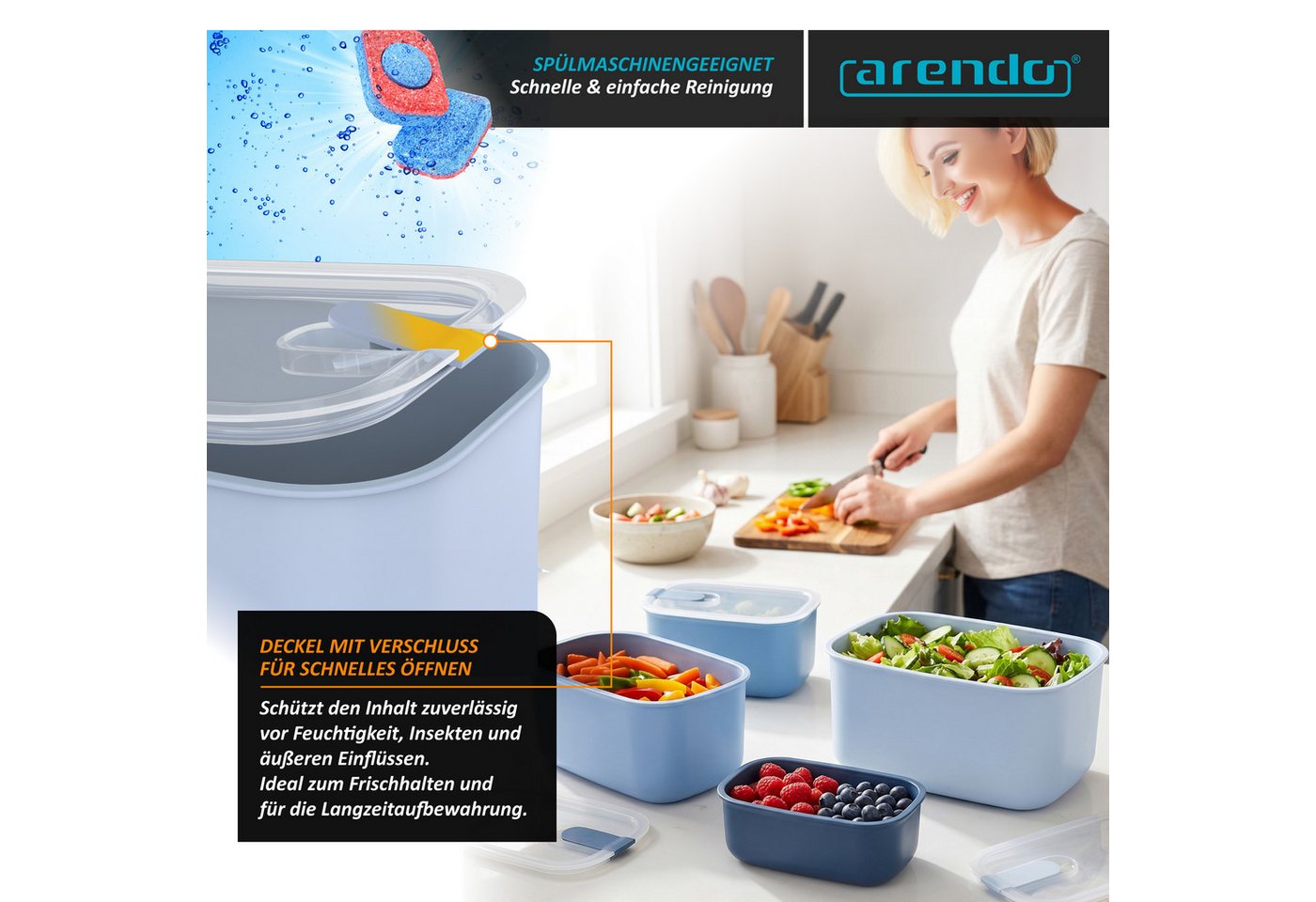 Arendo Frischhaltedose mit Deckel 4er Set, Vorratsdosen, Lunchboxen, auslaufsicher, stapelbar, Polypropylen (PP), (Set, 4-tlg., 4700 ml, Dosen mit Deckel, 1600  – Bild 3 von 5