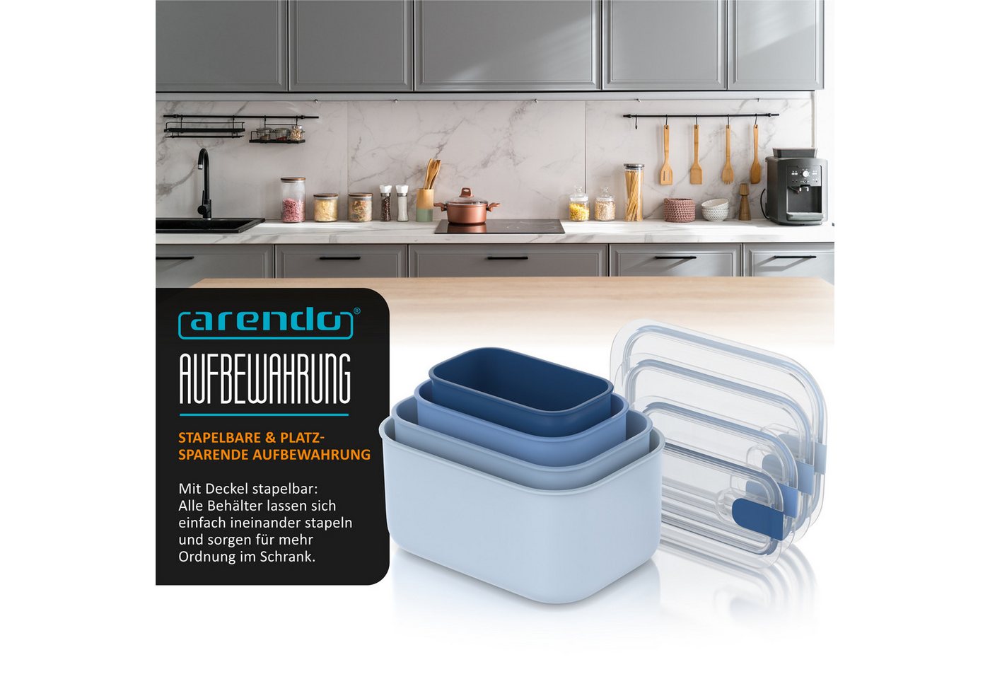 Arendo Frischhaltedose mit Deckel 4er Set, Vorratsdosen, Lunchboxen, auslaufsicher, stapelbar, Polypropylen (PP), (Set, 4-tlg., 4700 ml, Dosen mit Deckel, 1600  – Bild 4 von 5